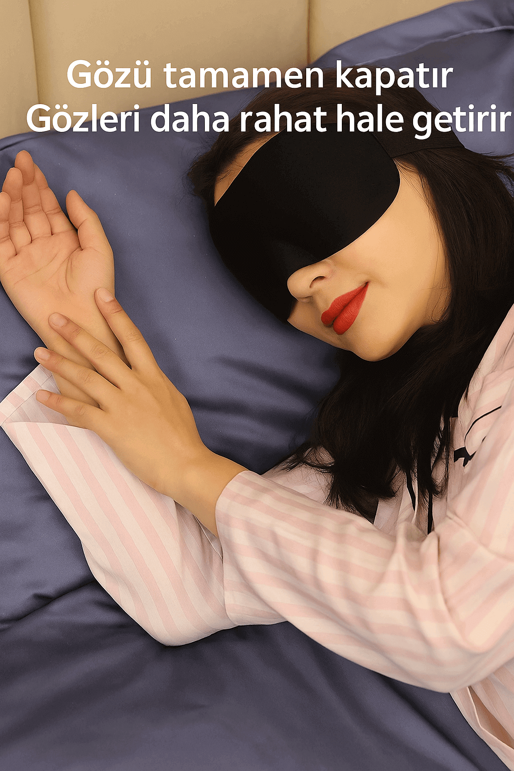 Woman relaxing with SleepClear Uyku Göz Bandı, showcasing complete eye coverage for comfortable sleep.